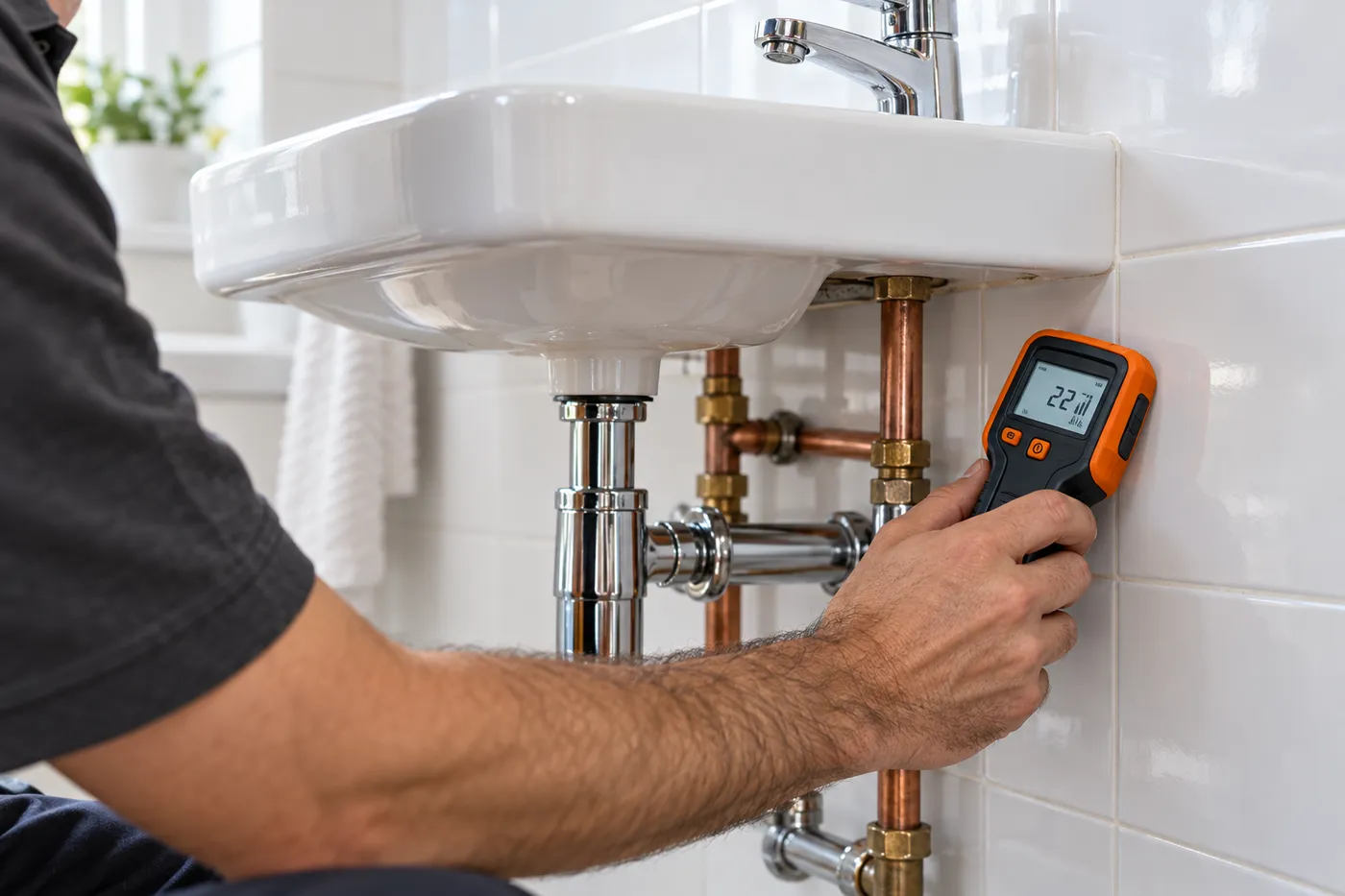 Humidimètre posé contre le carrelage sous un lavabo pour localiser une fuite cachée